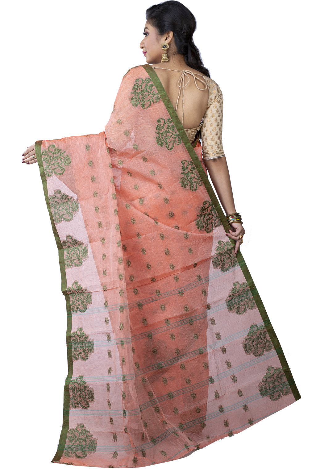 Light Orange Pure Cotton Botgach Tant Saree (539)